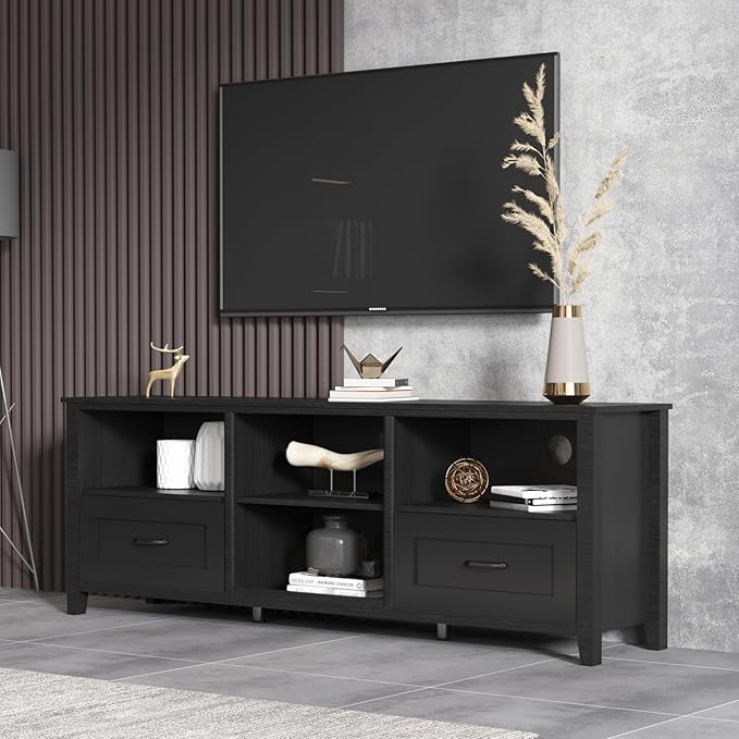 70Inch TV Stand Base, Entertainment Center Cabinet with 2 Drawers and 4 High-Capacity Storage Media Console for Living Room, Black - LeafyLoom