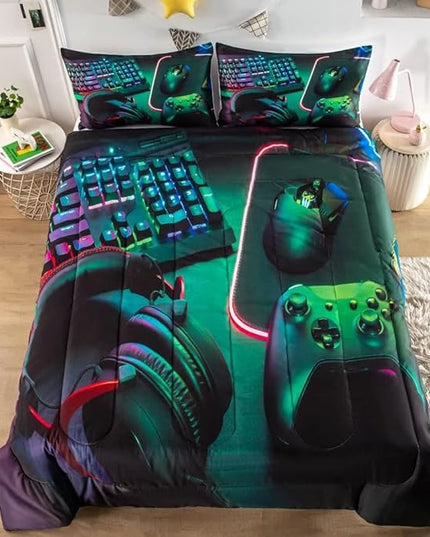 Gamer Comforter Sets for Teen Boys,Gaming Bedding Sets Full,Video Game Bedspread,Game Gamepad Bed Set,Controller Bedding Gamer Home Decor 3 Piece 1 Comforter and 2 Pillowcases - LeafyLoom