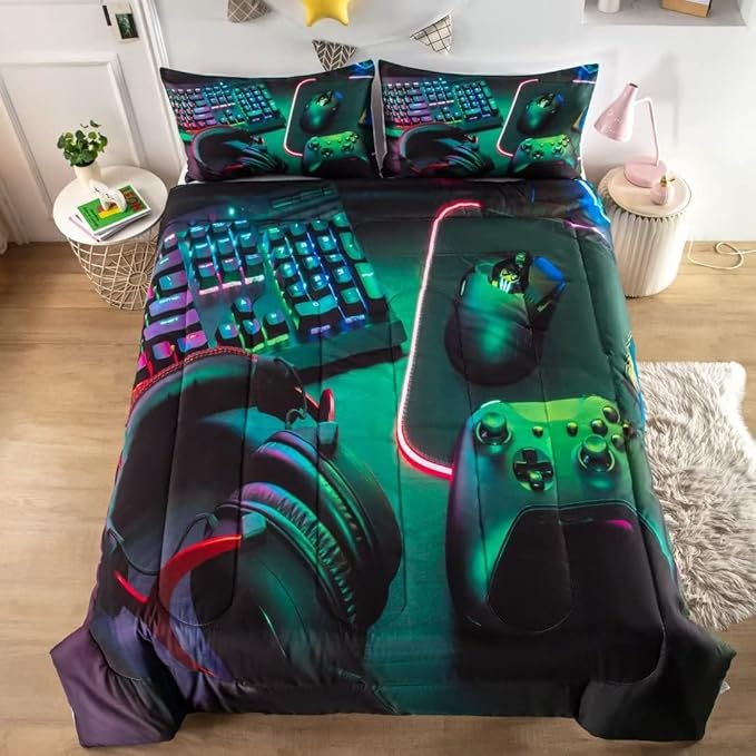 Gamer Comforter Sets for Teen Boys,Gaming Bedding Sets Full,Video Game Bedspread,Game Gamepad Bed Set,Controller Bedding Gamer Home Decor 3 Piece 1 Comforter and 2 Pillowcases - LeafyLoom