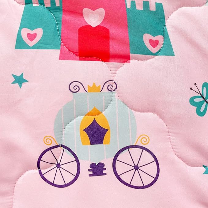 Wajade Kids Pink Princess Comforter Set Bed in a Bag Twin Size 7 Piece Princess Fairy Tales Castle Bedding Set for Girls (1 Comforter, 1 Flat Sheet, 1 Fitted Sheet, 2 Pillowcase and 2 Pillow Sham) - LeafyLoom