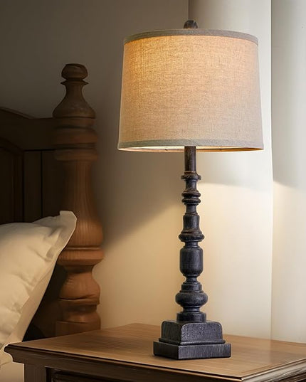 Oneach 27.75” Vintage Farmhouse USB A+C Table Lamps Set of 2 for Living Room Bedroom Traditional Bedside Nightstand Lamp Retro Resin Lamps Linen Shade Nightstand Home Office Antique Black Accent - LeafyLoom