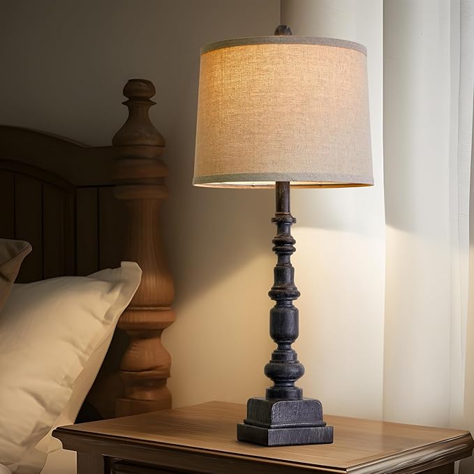 Oneach 27.75” Vintage Farmhouse USB A+C Table Lamps Set of 2 for Living Room Bedroom Traditional Bedside Nightstand Lamp Retro Resin Lamps Linen Shade Nightstand Home Office Antique Black Accent - LeafyLoom