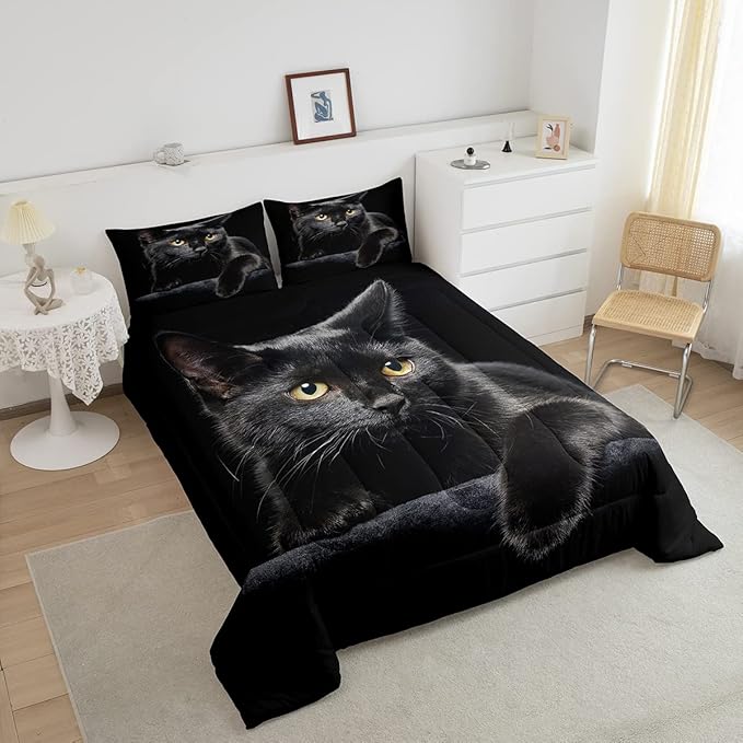 Erosebridal Black Cat Bedding Set Queen Size 3D Cat Comforter Set for Kids Girls Boys Cat Lover Cute Farmhouse Domestic Pet Animal Down Comforter Cute Cat Quilt Set Soft Warm Duvet Set Bedroom Decor - LeafyLoom
