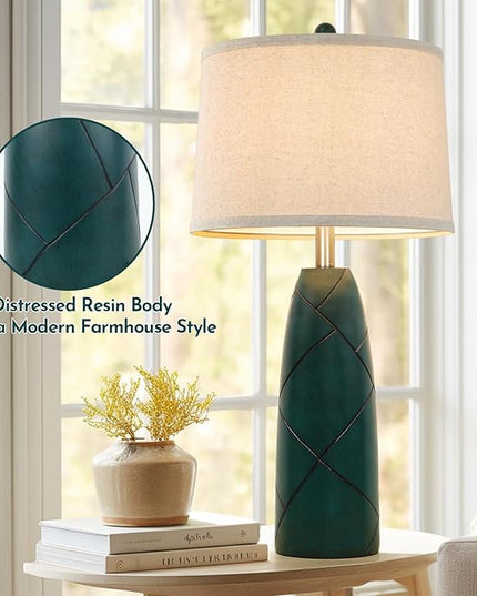 26" Tall Table Lamps for Living Room Set of 2, Modern Green Lamps for Bedrooms, Farmhouse Rustic Bedside Nightstand Lamps, Large End Table Lamps for Office Kids Room Study Room - LeafyLoom