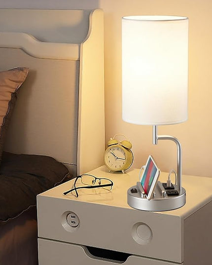 Dreamholder Table Lamp with 3 USB Charging Ports, Modern Desk Lamp with AC Outlet and Phone Stands, Perfect Bedside Lamp for Bedroom, Living Room, Office (Pack of 2), Silver - LeafyLoom