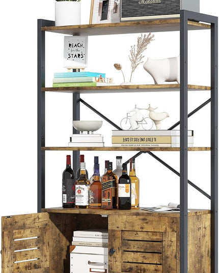 Storage Cabinet with 3 Open Shelves, 1 Cupboard Large Kitchen Industrial Display Standing Shelf, Rustic Brown Wooden and Metal FrameShelf for Living Room, Bedroom, Home Office Organizer - LeafyLoom