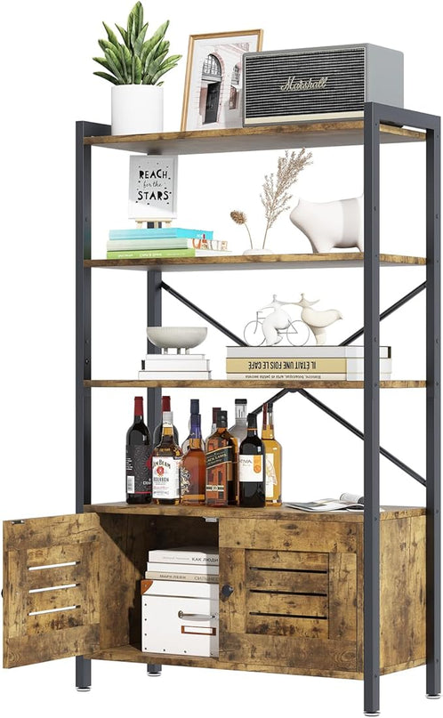 Storage Cabinet with 3 Open Shelves, 1 Cupboard Large Kitchen Industrial Display Standing Shelf, Rustic Brown Wooden and Metal FrameShelf for Living Room, Bedroom, Home Office Organizer - LeafyLoom