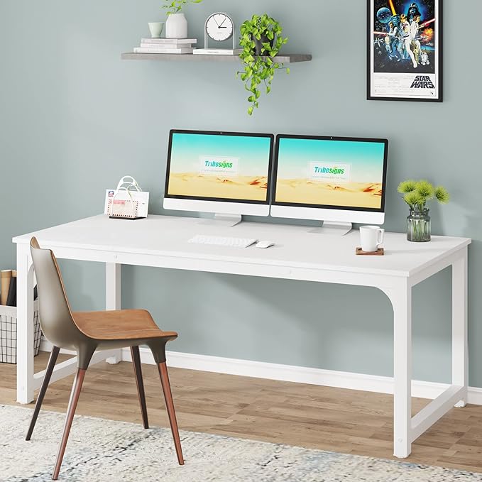 Tribesigns Modern Computer Desk, 63 x 31.5 inch Large Executive Office Desk Computer Table Study Writing Desk Workstation for Home Office, Spliced Desktop, White - LeafyLoom