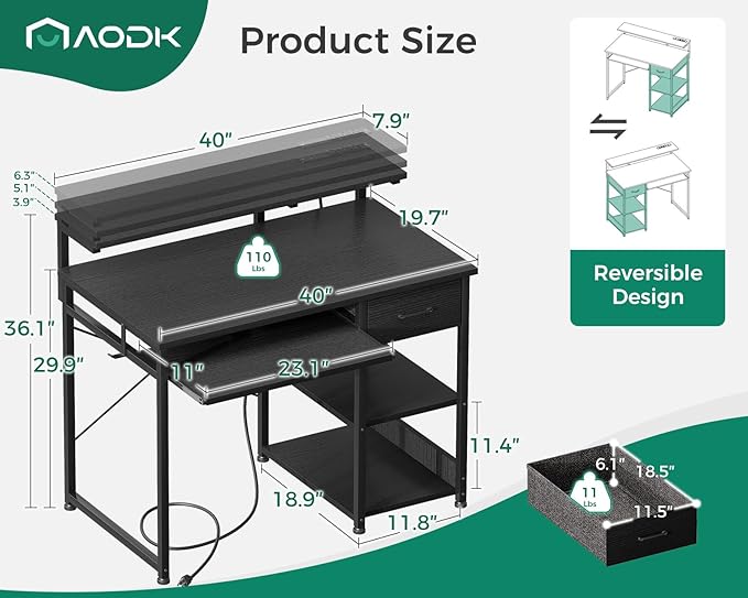 AODK Small Computer Desk with Keyboard Tray, 40 Inch Gaming Desk with Power Outlet, Office Desk with Drawer, Reversible Desk with Adjustable Monitor Shelf and Storage Shelf for Home, Black - LeafyLoom
