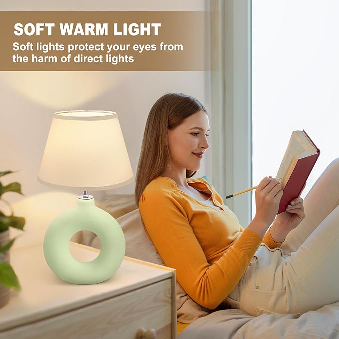 Green Ceramic Table Lamp for Living Room Bedroom, 21" Modern Bedside Lamps for Kids Room 3 Color Temperature Small Table Lamps for Night Stands, Dorm, Dining Room, Home Décor (Bulb Included) - LeafyLoom