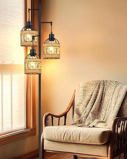 Tree Floor Lamp Rattan for Living Room,Bedroom,3-Lights Boho Floor Lamps,Farmhouse Industrial Black Standing Lamp Wicker Tall Lamp,Woven Bamboo Lamp Shade Floor Light Bohemian - LeafyLoom