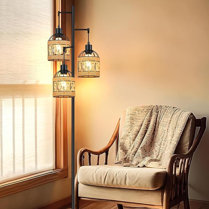 Tree Floor Lamp Rattan for Living Room,Bedroom,3-Lights Boho Floor Lamps,Farmhouse Industrial Black Standing Lamp Wicker Tall Lamp,Woven Bamboo Lamp Shade Floor Light Bohemian - LeafyLoom