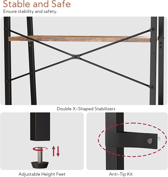 Yusong Bookshelf, Ladder Shelf 5-Tier Bookcase for Bedroom, Industrial Book Shelves Storage Rack with Metal Frame for Home Office, Rustic Brown - LeafyLoom