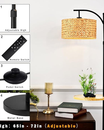 Rattan Floor Lamp for Living Room Bedroom with Table Shelves,Boho Arc Floor Lamps with Remote Dimmable Farmhouse Wood Shelf Attached Standing Lamp Wicker Bamboo Tall Lamp Floor Light Bohemian - LeafyLoom