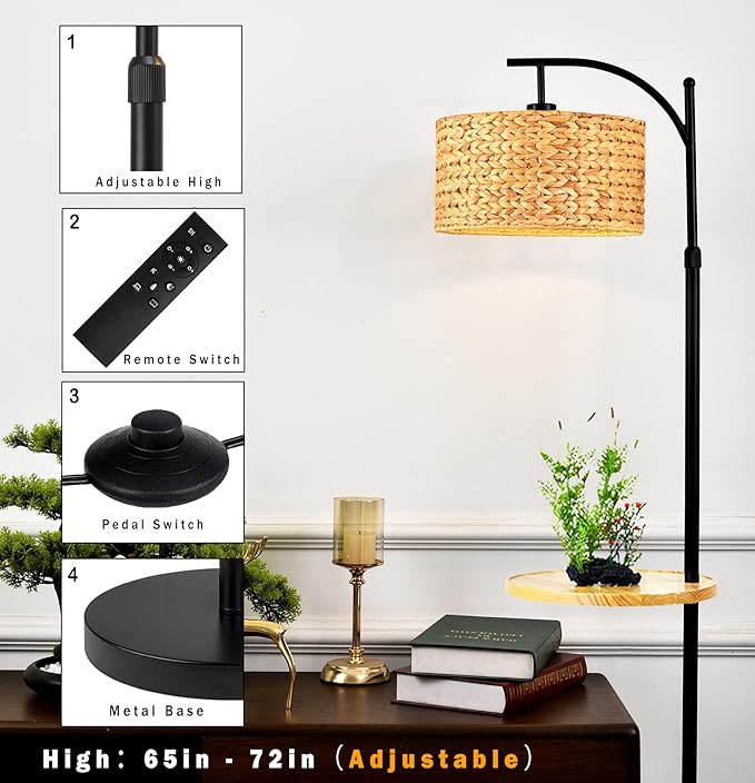 Rattan Floor Lamp for Living Room Bedroom with Table Shelves,Boho Arc Floor Lamps with Remote Dimmable Farmhouse Wood Shelf Attached Standing Lamp Wicker Bamboo Tall Lamp Floor Light Bohemian - LeafyLoom