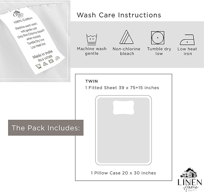 Linen Home 100% Cotton Percale Fitted Sheet Set Twin Size, White, Deep Pocket, 2 Piece - 1 Deep Pocket Fitted Sheet and 1 Pillowcase, Crisp Cool and Strong Bed Linen - LeafyLoom