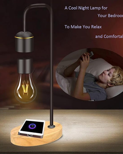 Magnetic Levitating Light Bulb Levitation Real Wood Black Floating Desk Lamp LED Night Lights with Luxury Wireless Charging Pad (Apple/Android) for Christmas Gift - LeafyLoom