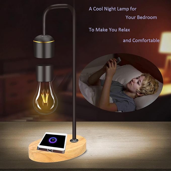 Magnetic Levitating Light Bulb Levitation Real Wood Black Floating Desk Lamp LED Night Lights with Luxury Wireless Charging Pad (Apple/Android) for Christmas Gift - LeafyLoom
