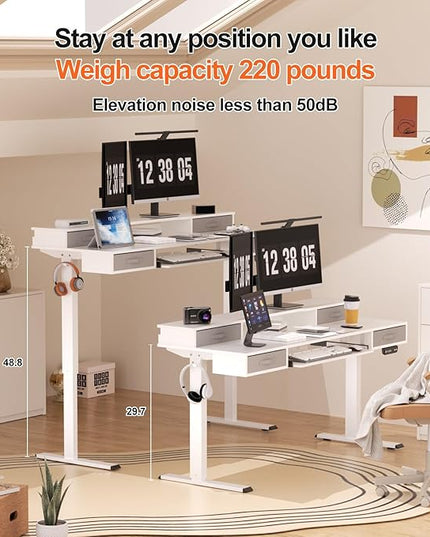 Electric Standing Desk, Multifunctional Standing Desk Adjustable Height, 55 * 24 Standing Desk with 4 Drawers, Ergonomic Adjustable Standing Desk with Keyboard Tray, Snow White - LeafyLoom