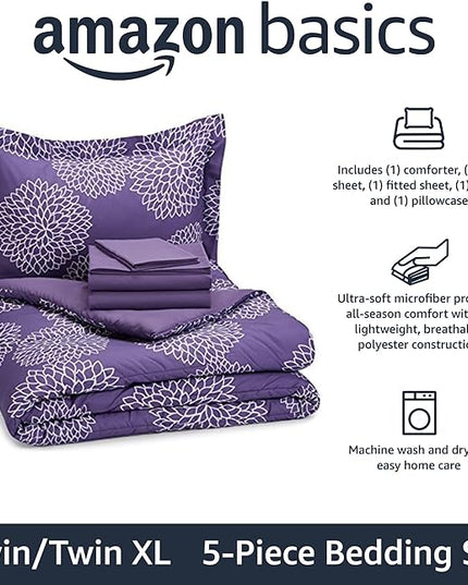 Amazon Basics Lightweight Microfiber Bed-in-a-Bag Comforter 5-Piece Bedding Set, Twin/Twin XL, Purple Floral - LeafyLoom