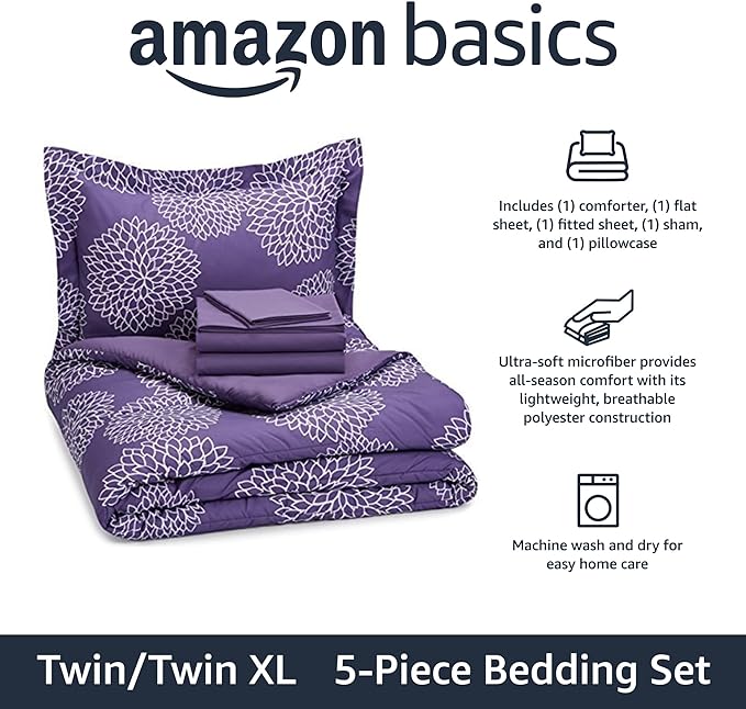 Amazon Basics Lightweight Microfiber Bed-in-a-Bag Comforter 5-Piece Bedding Set, Twin/Twin XL, Purple Floral - LeafyLoom
