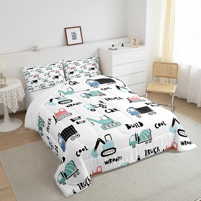 Feelyou Cartoon Tractor Ultra Soft Bedding Set Cars Kawaii Comforter Set for Kids Boys Toddler Vehicle Truck Comforter Equipment Transport Cute Quilt Set Bedroom Collection 2Pcs Twin Size - LeafyLoom