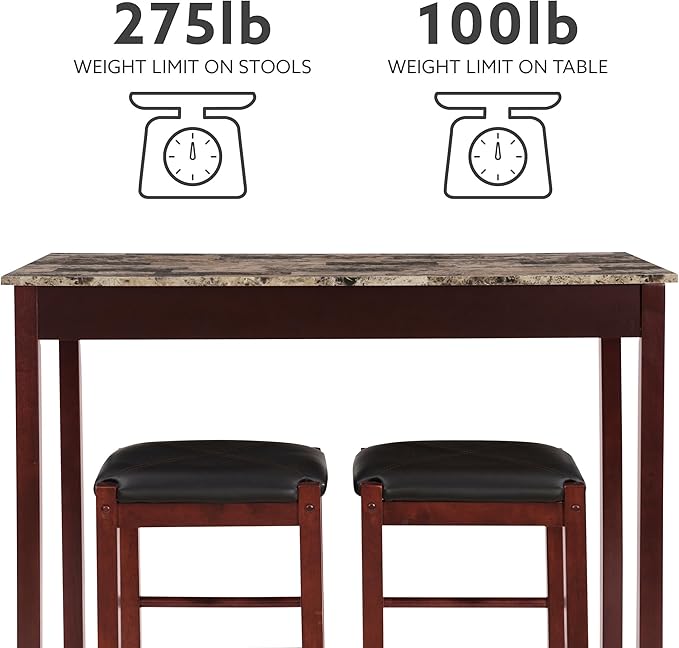 Linon Brown 3-Piece Table Faux Marble Tavern Set, 42" w x 22.25" d x 36" h - LeafyLoom