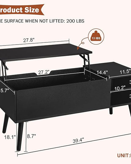 Lift Top Coffee Table with Storage, Black Wood Coffee Table with Lifting Top, Hidden Compartment and Open Shelves, Mid-Century Modern Coffee Table for Living Room, Small Space - LeafyLoom