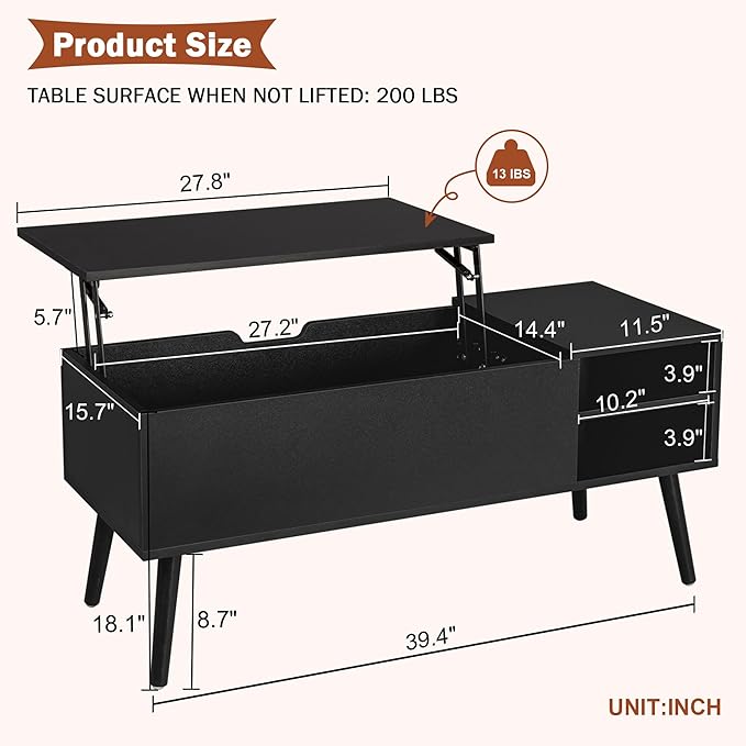 Lift Top Coffee Table with Storage, Black Wood Coffee Table with Lifting Top, Hidden Compartment and Open Shelves, Mid-Century Modern Coffee Table for Living Room, Small Space - LeafyLoom