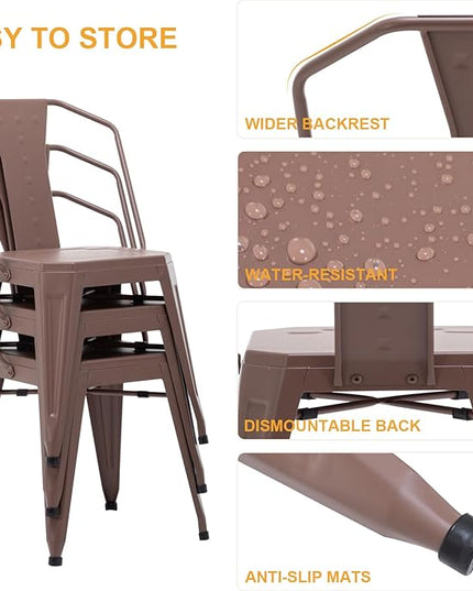 Modern Dining Chair Set of 4, Stackable Metal Chairs, Waterproof Counter Bar Chairs with High Backrest, Quick Assembly Cafe Chairs, Tolix Style for Home, Kitchen and Bar Use, Brown - LeafyLoom