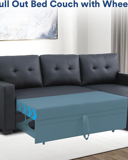 4-in-1 Convertible L Shaped Couch with Pull Out Bed and Storage Sectional Sleeper Sofa with Reversible Chaise for Living Room, Apartment, Bedroom, Office, Jet Black - LeafyLoom