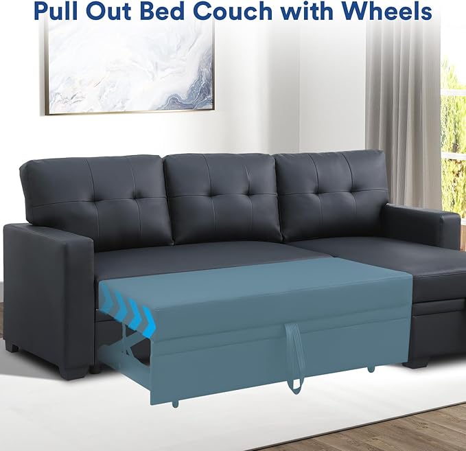4-in-1 Convertible L Shaped Couch with Pull Out Bed and Storage Sectional Sleeper Sofa with Reversible Chaise for Living Room, Apartment, Bedroom, Office, Jet Black - LeafyLoom