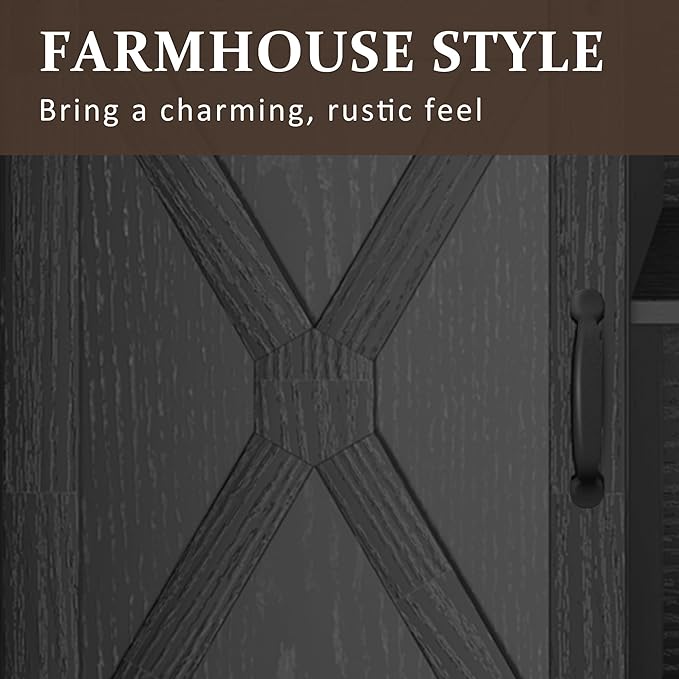 Farmhouse TV Stand for 23" Fireplace, 34'' Tall Entertainment Center for 65+ Inch TV, Rustic TV Console with Sliding Bar Door for Living Room (Black) - LeafyLoom