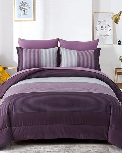 WONGS BEDDING Purple Comforter Set Full, Reversible Purple Patchwork Striped Down Alternative Comforter Set for Full Bed,3 Pieces(1 Comforter+2 Pillowcases), Soft Microfiber Bedding Set 78”×90” - LeafyLoom