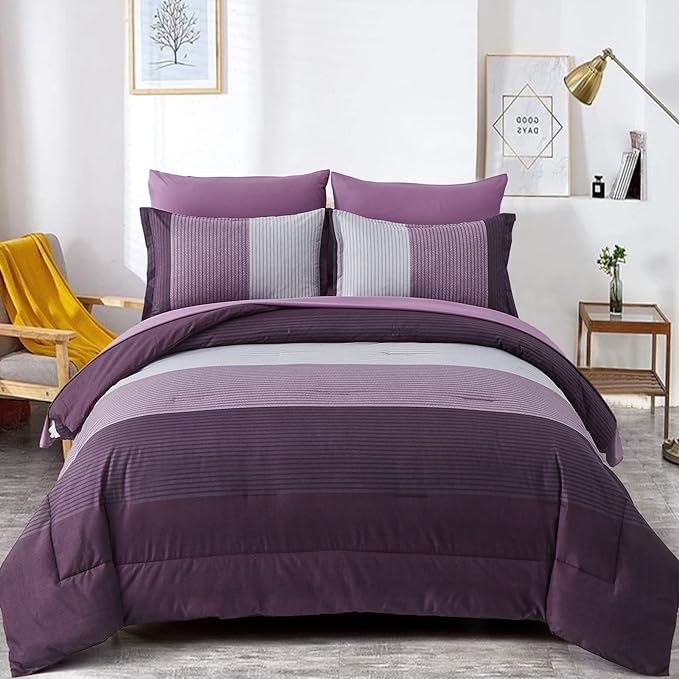 WONGS BEDDING Purple Comforter Set Full, Reversible Purple Patchwork Striped Down Alternative Comforter Set for Full Bed,3 Pieces(1 Comforter+2 Pillowcases), Soft Microfiber Bedding Set 78”×90” - LeafyLoom