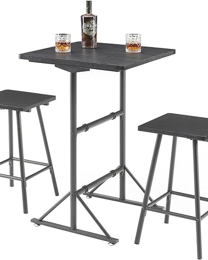 VECELO 3-Piece Bar Table Chairs, Square Counter Height Bistro Dinette Sets with 2 Barstools for Kitchen, Breakfast Nook, Small Spaces, Black - LeafyLoom