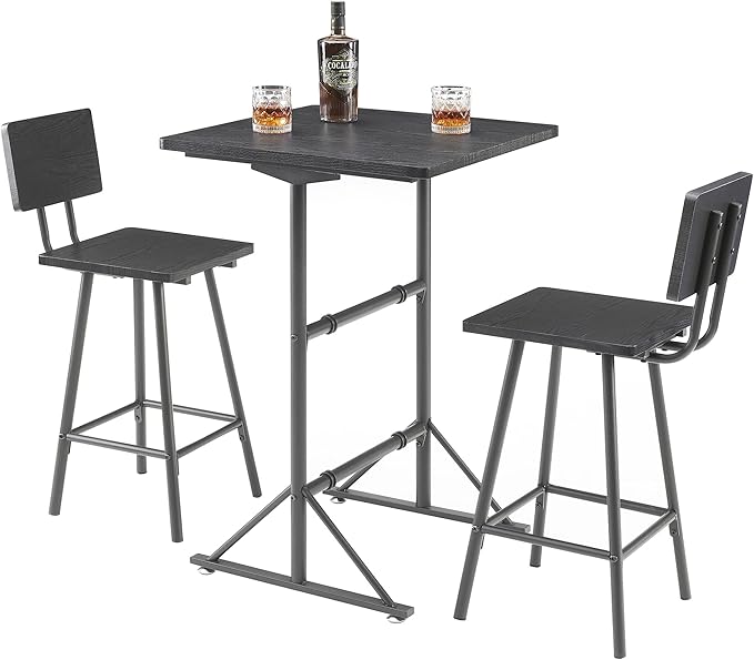 VECELO 3-Piece Bar Table Chairs, Square Counter Height Bistro Dinette Sets with 2 Barstools for Kitchen, Breakfast Nook, Small Spaces, Black - LeafyLoom