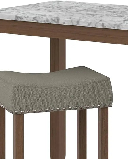Nathan James Viktor 3 Piece Dining Set, Heigh Kitchen Counter Pub or Breakfast Table with Marble Top and Fabric Wood Base Seat, Gray/Dark Brown - LeafyLoom