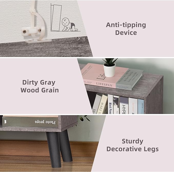 LEYAOYAO 8 Cube Bookshelf,Farmhouse Bookcase with Legs,Modern Dirty Grey Mid-Century Bookshelves,Large 3 Tier Open Storage Organizer Shelf, Retro Wood Display Book Case - LeafyLoom
