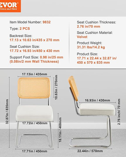 VEVOR Rattan Dining Chairs Set of 2, Mid Century Modern Dining Chair, Upholstered Velvet Accent Chair with Rattan Back, Retro Dining Room Kitchen Chair for Living Room, Bedroom, Office (18.1 Inch) - LeafyLoom