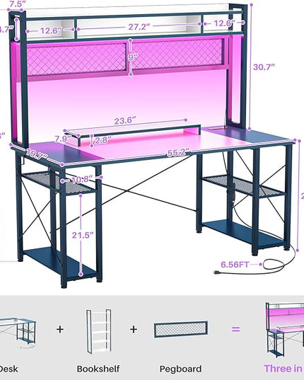 armocity 2024 Upgrade Gaming Desk with Hutch, 55.2'' Magic Computer Desk with LED Lights and Outlets, Reversible Workstation Desk with Pegboard and Monitor Stand, Gamer Desk PC Table, White and Blue - LeafyLoom