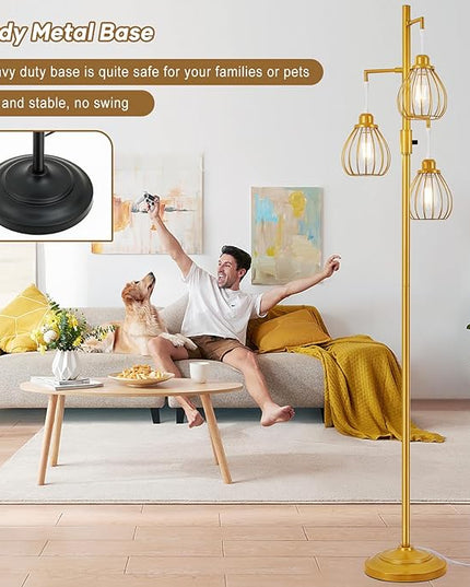 Dimmable Industrial Floor Lamp, Farmhouse Floor Lamps with 3 Elegant Teardrop Cages, Gold Rustic Floor Lamps Tall Retro Pole Lamp for Farmhouse Living Room Bedroom Office, LED Bulbs Included - LeafyLoom