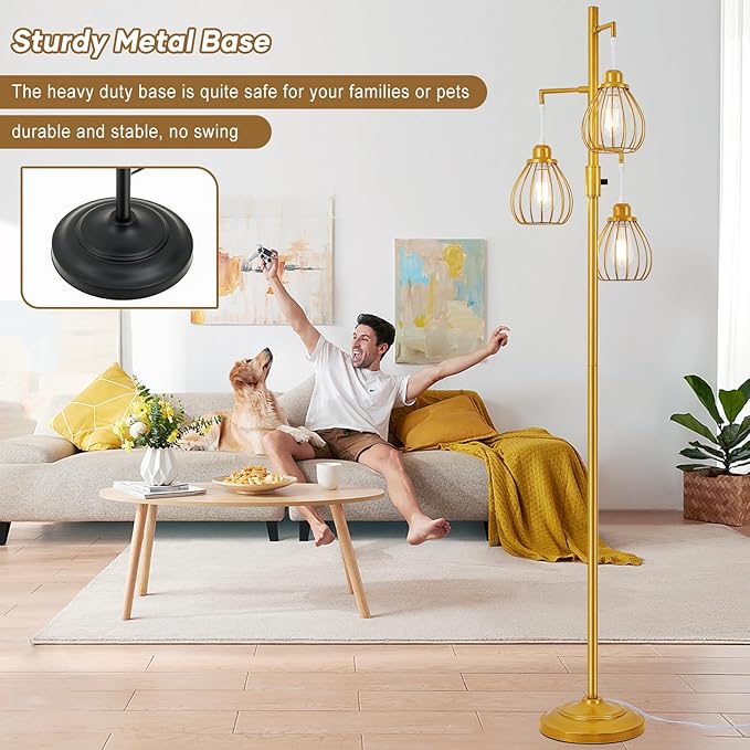 Dimmable Industrial Floor Lamp, Farmhouse Floor Lamps with 3 Elegant Teardrop Cages, Gold Rustic Floor Lamps Tall Retro Pole Lamp for Farmhouse Living Room Bedroom Office, LED Bulbs Included - LeafyLoom