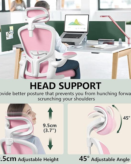 FelixKing Premium Ergonomic Office Chair with Adjustable Headrest, Thickened 90° Flip Armrests, and Lumbar Support – Height Adjustable | Ideal for Home Office Desks and Workstations | Pink - LeafyLoom