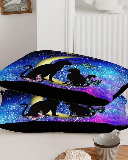 Black Cat Bedding Cartoon Cat Comforter Set Queen,Butterflies Moon Printed Kids Bedding Set for Kids Boys Girls Adults Teens,Kids Comforter Set All Season,1 Quilt 2 Pillow Cases,Blue - LeafyLoom