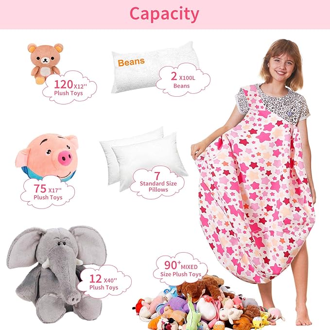 Aubliss Stuffed Animal Bean Bag Storage Chair (Pink Star, Large (38'')) - LeafyLoom