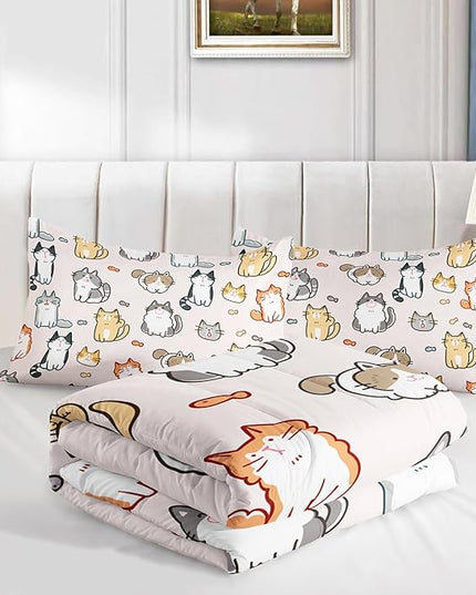 Kids Cute Cat Comforter Set Queen Size 3Pcs Cartoon Pet Cat Fishing Bedding Set Lovely Animal Quilt Bed Set for Children Girls Boys Room Decor - LeafyLoom