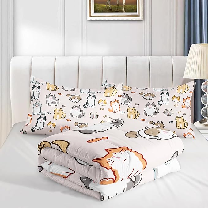 Kids Cute Cat Comforter Set Queen Size 3Pcs Cartoon Pet Cat Fishing Bedding Set Lovely Animal Quilt Bed Set for Children Girls Boys Room Decor - LeafyLoom