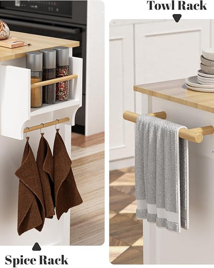 Large Kitchen Island On Wheels with Storage 54in Width Mobile Moveable Portable Rolling White Wood Island for Kitchen Dining Room with Drawers Cabinet Spice Rack Towel Rack - LeafyLoom