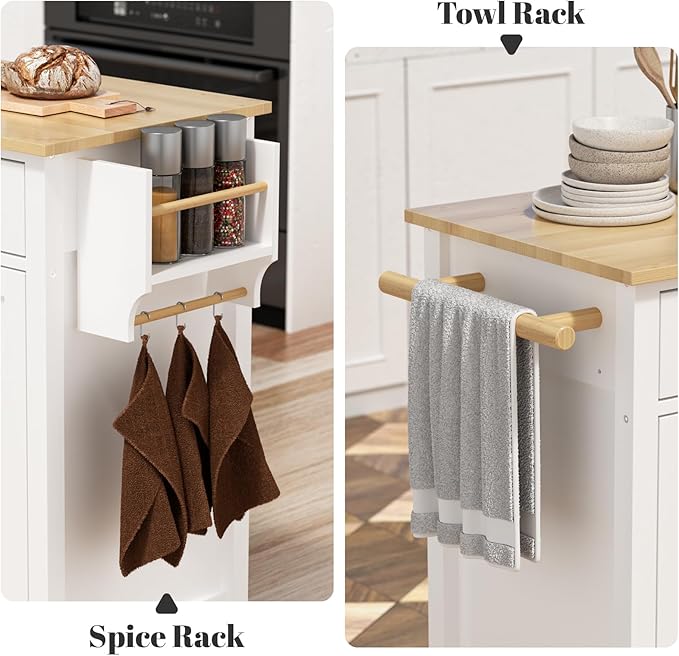 Large Kitchen Island On Wheels with Storage 54in Width Mobile Moveable Portable Rolling White Wood Island for Kitchen Dining Room with Drawers Cabinet Spice Rack Towel Rack - LeafyLoom